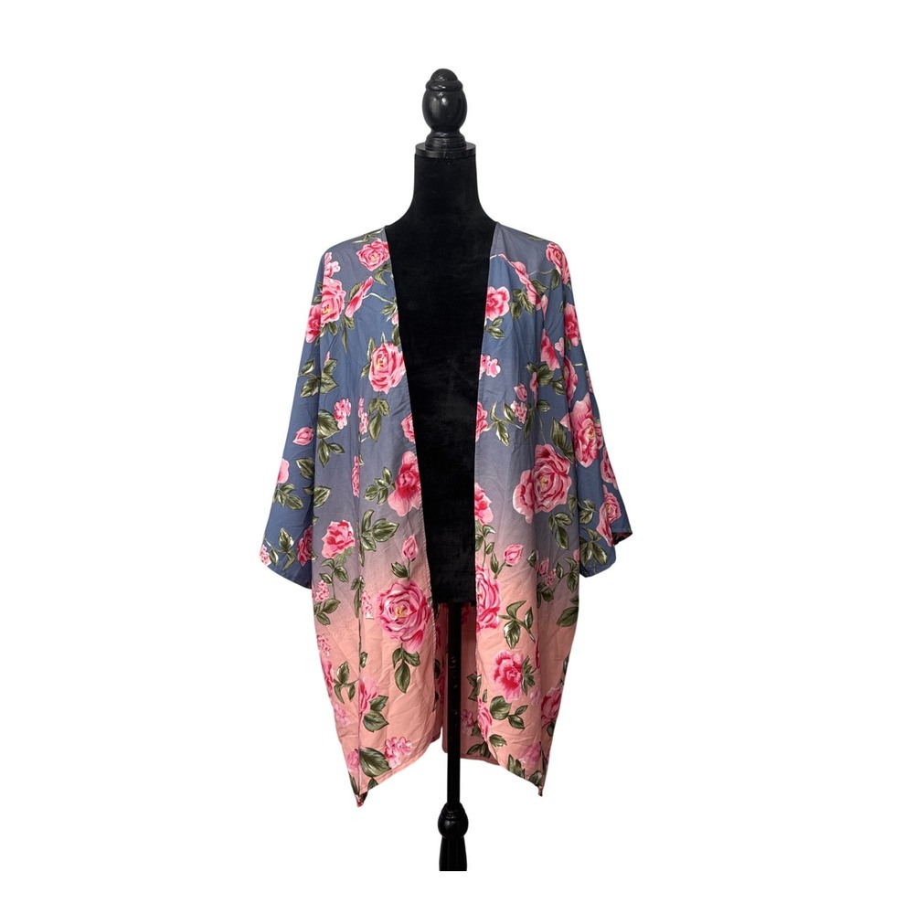 Billabong Women M/L Floral Kimono Cardigan Blue Pink‎ Ombre Rose Open Front Boho